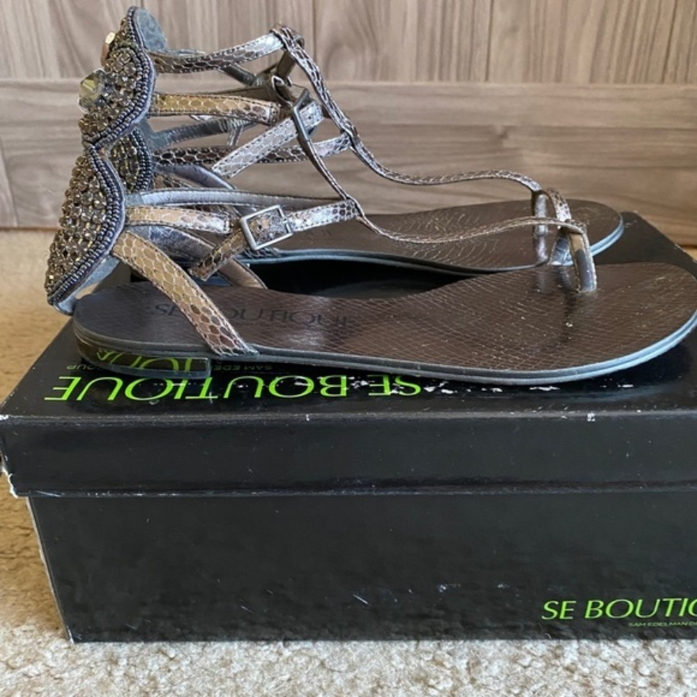 SE Boutique Sam Edelman Designer Group Addison Pewter Boa Snake Sandals